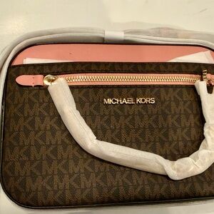 Michael Kors Brown MK Logo Crossbody with Pink Accent and Gold Hardware